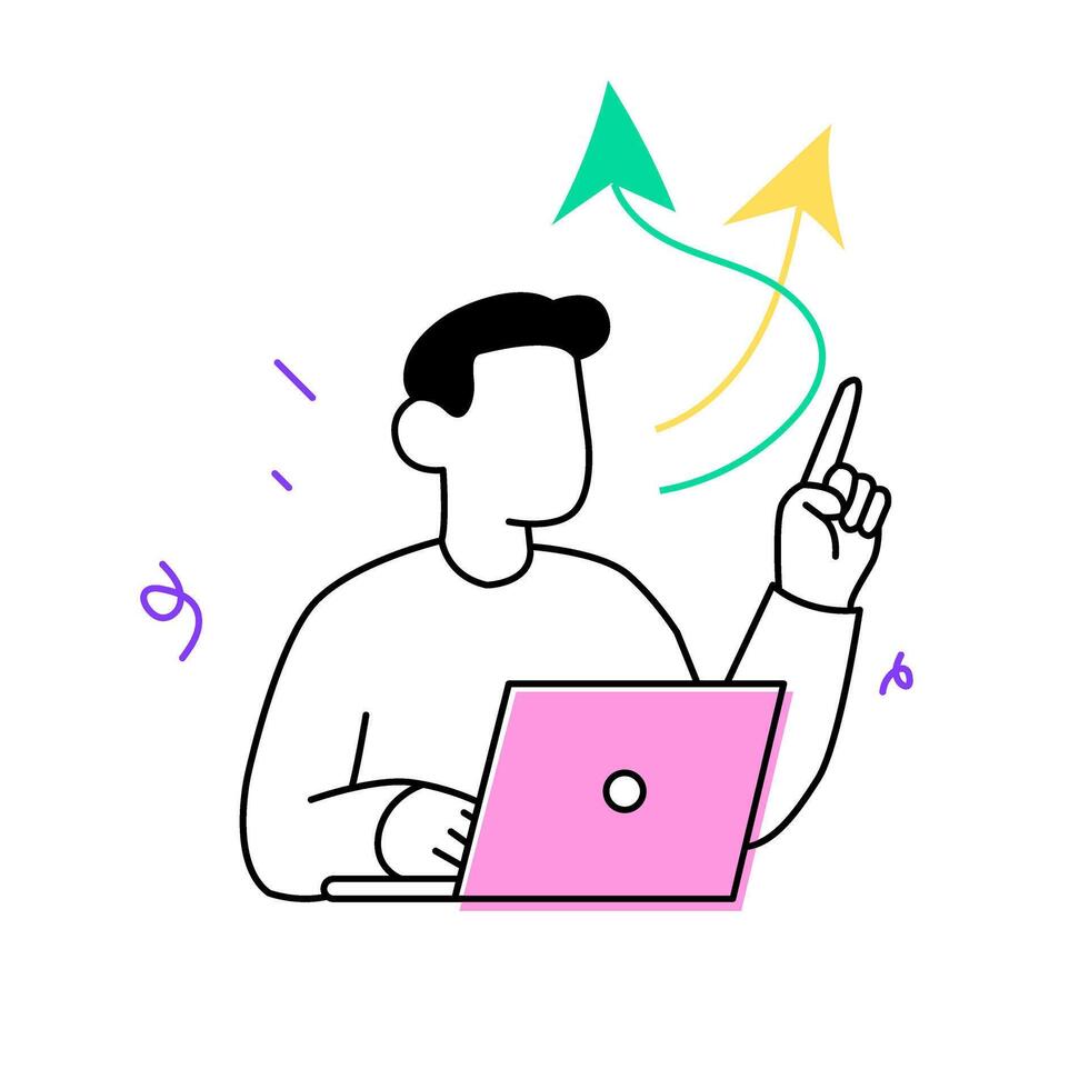 Man pointing upward with laptop. Growth and success arrow concept. Business development illustration. vector