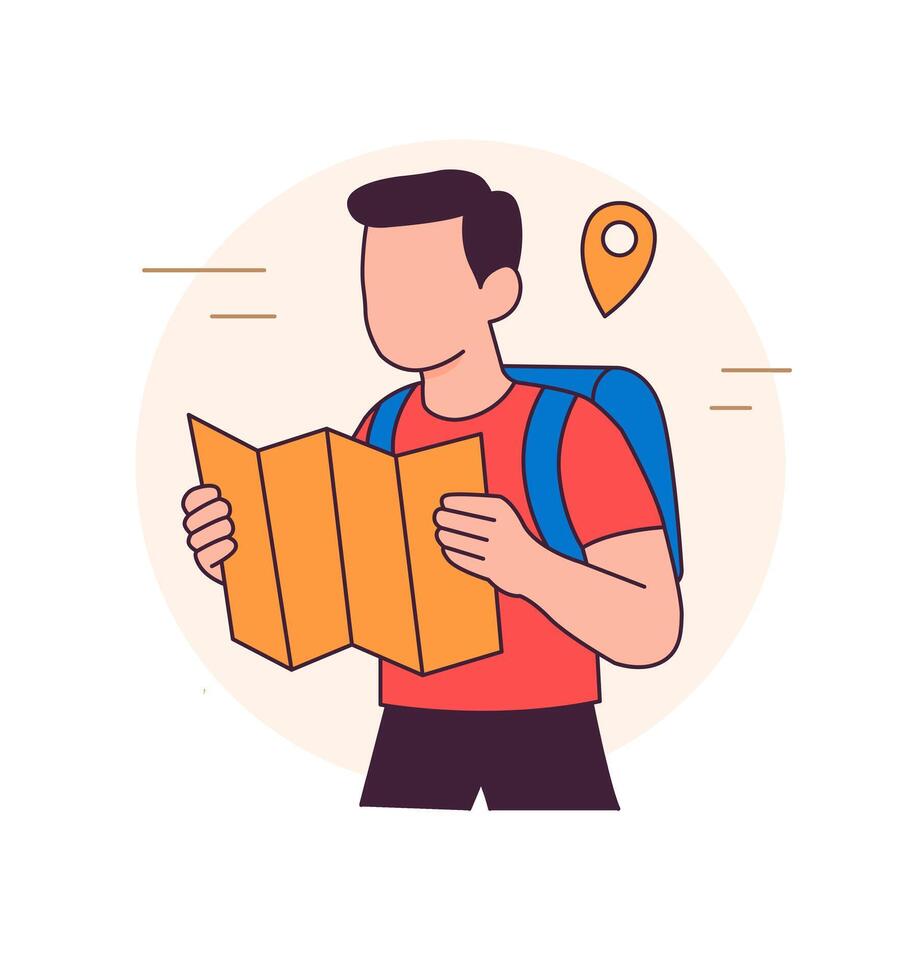 Traveler with map exploring location. Flat illustration of tourist with backpack for navigation, trip planning, or adventure theme. vector