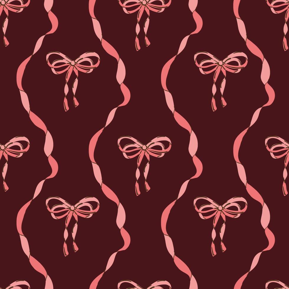 Coquette Bows, Vintage ribbon, seamless Pattern. Pink red satin bow knots Damask Print for Valentine vector