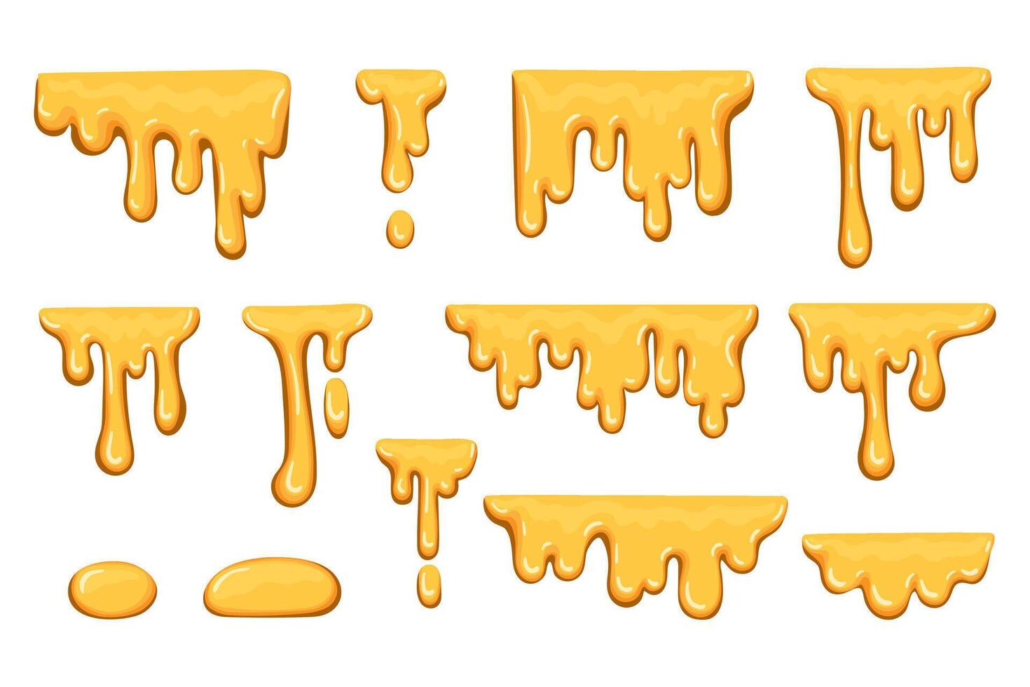 Sticky, amber liquids, drops. Dripping melted honey sweet splash collection. Golden flow syrup fluid vector