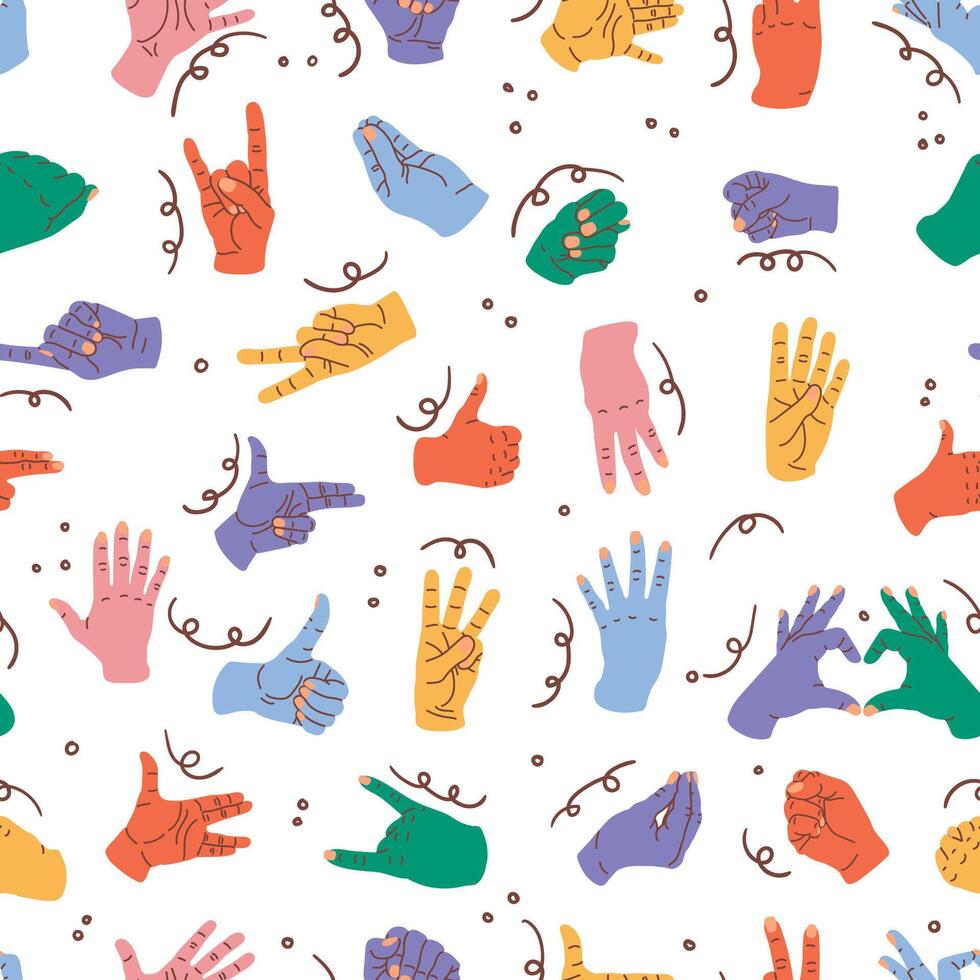 Colorful Hand gestures seamless pattern. Signs, expression pointing finger texture vector