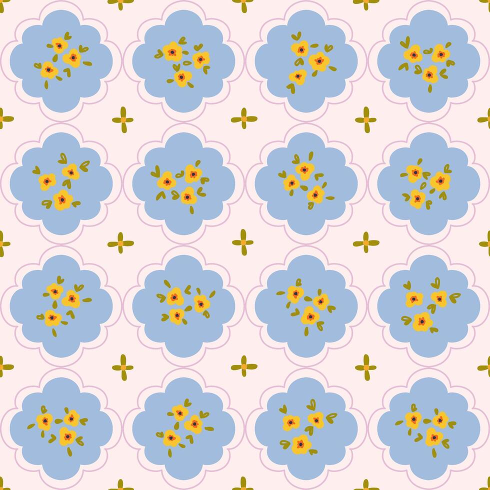 Preppy, bouquet on damask background. Coquette small flowers trellis seamless pattern vector