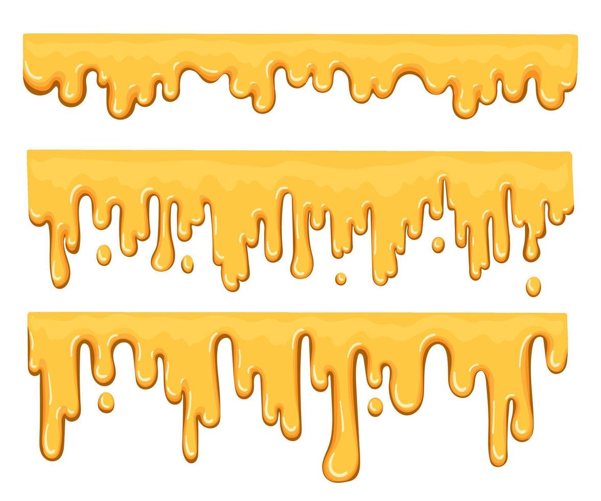 Sticky amber liquids, drops. Dripping, melted honey sweet splash collection. Golden flow syrup fluid vector