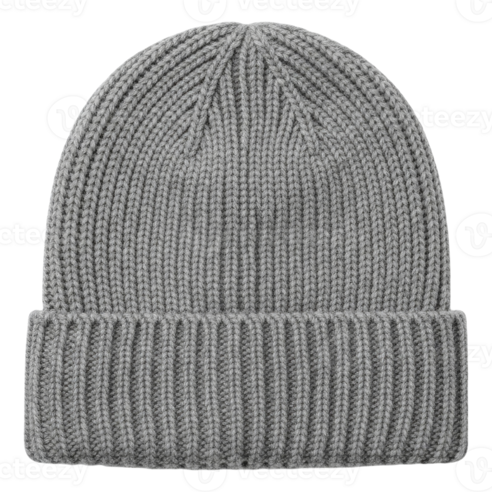 Gray knitted beanie on black background for winter and urban fashion png