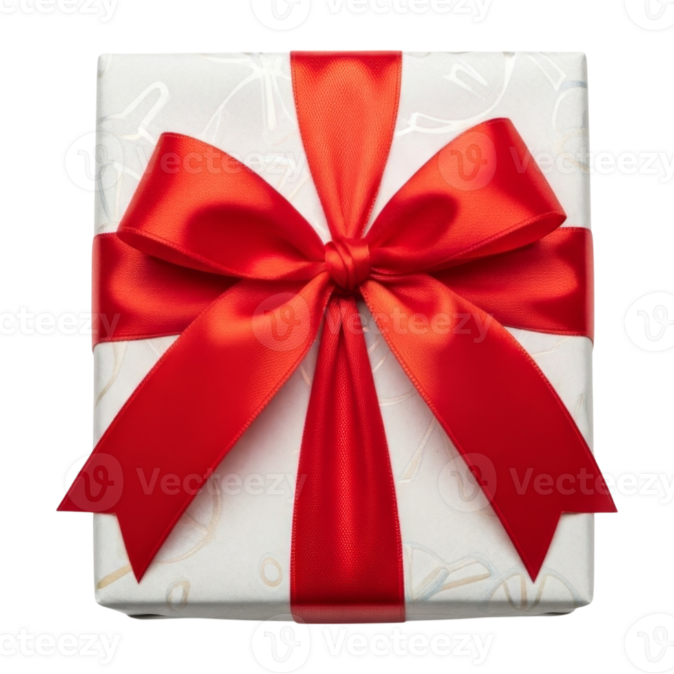 Elegant white gift box with red ribbon bow png