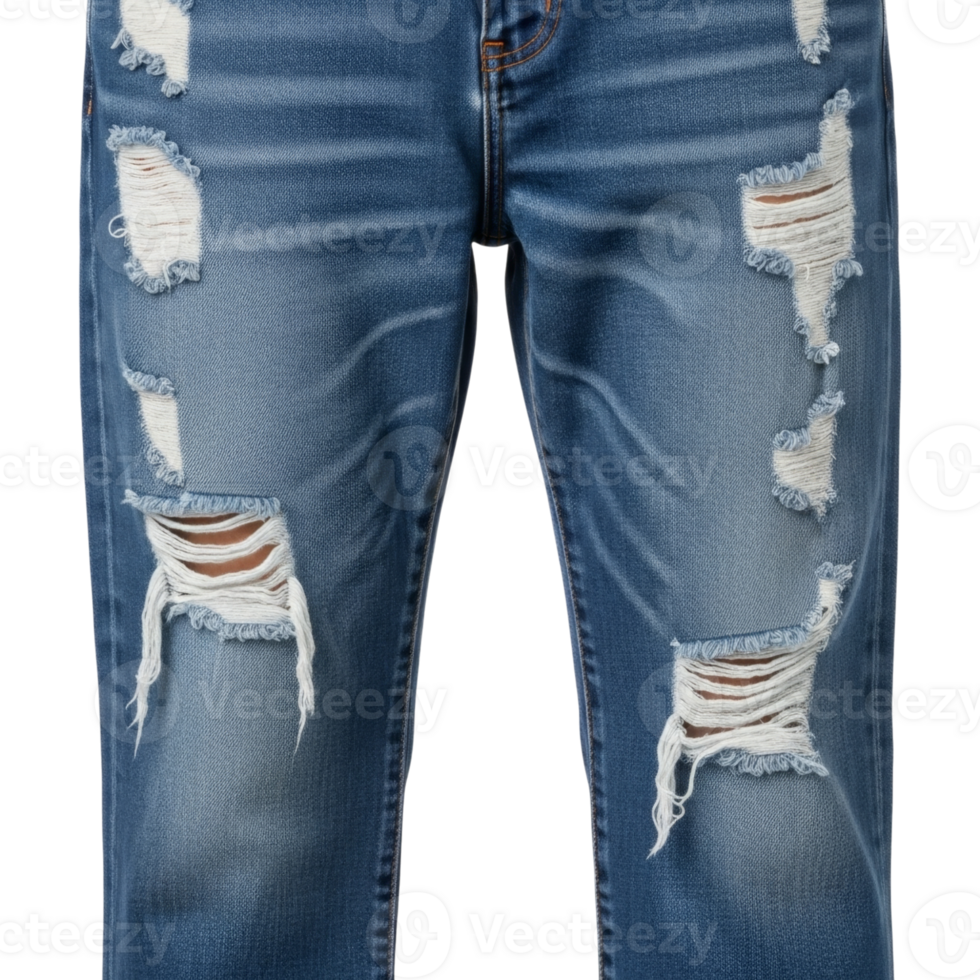 Distressed denim jeans with frayed holes and worn texture png