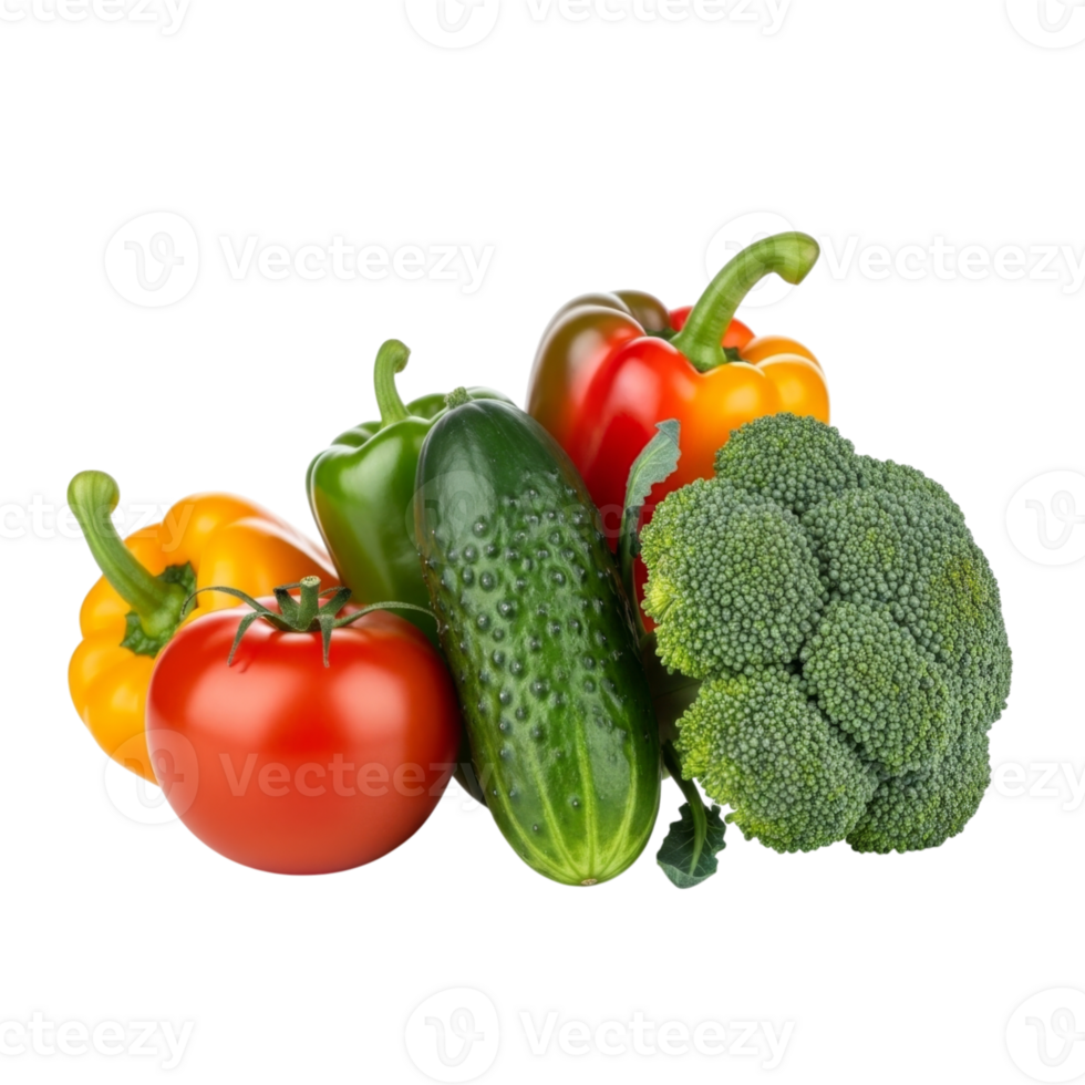 Fresh vegetables assortment broccoli, tomato, cucumber, green and red bell peppers png