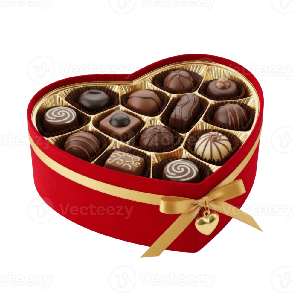 Heart-shaped box of assorted chocolates with gold ribbon and decorative designs png