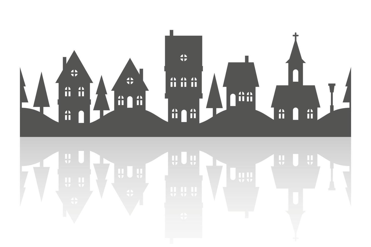 Silhouette of neighborhood houses. Small homes and buildings on skyline. Christmas town. Village on white background. Row of cottages on the street with fir trees and church. Seamless border vector
