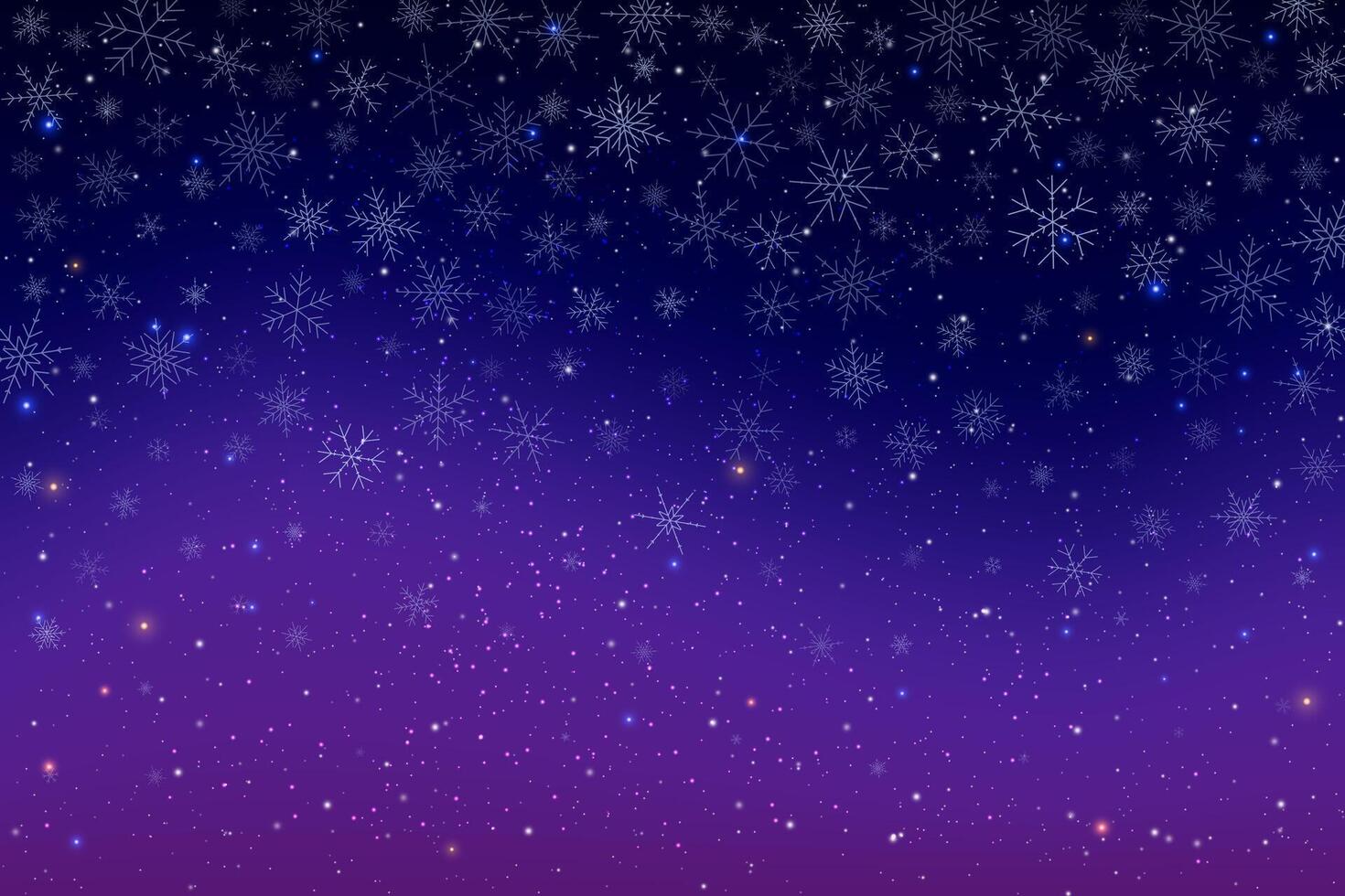 Magical winter night sky illustration with blue and purple background. Stars shine brightly snowflakes fall sparkling in cosmic space. Celestial universe glows with light creating fantasy atmosphere vector
