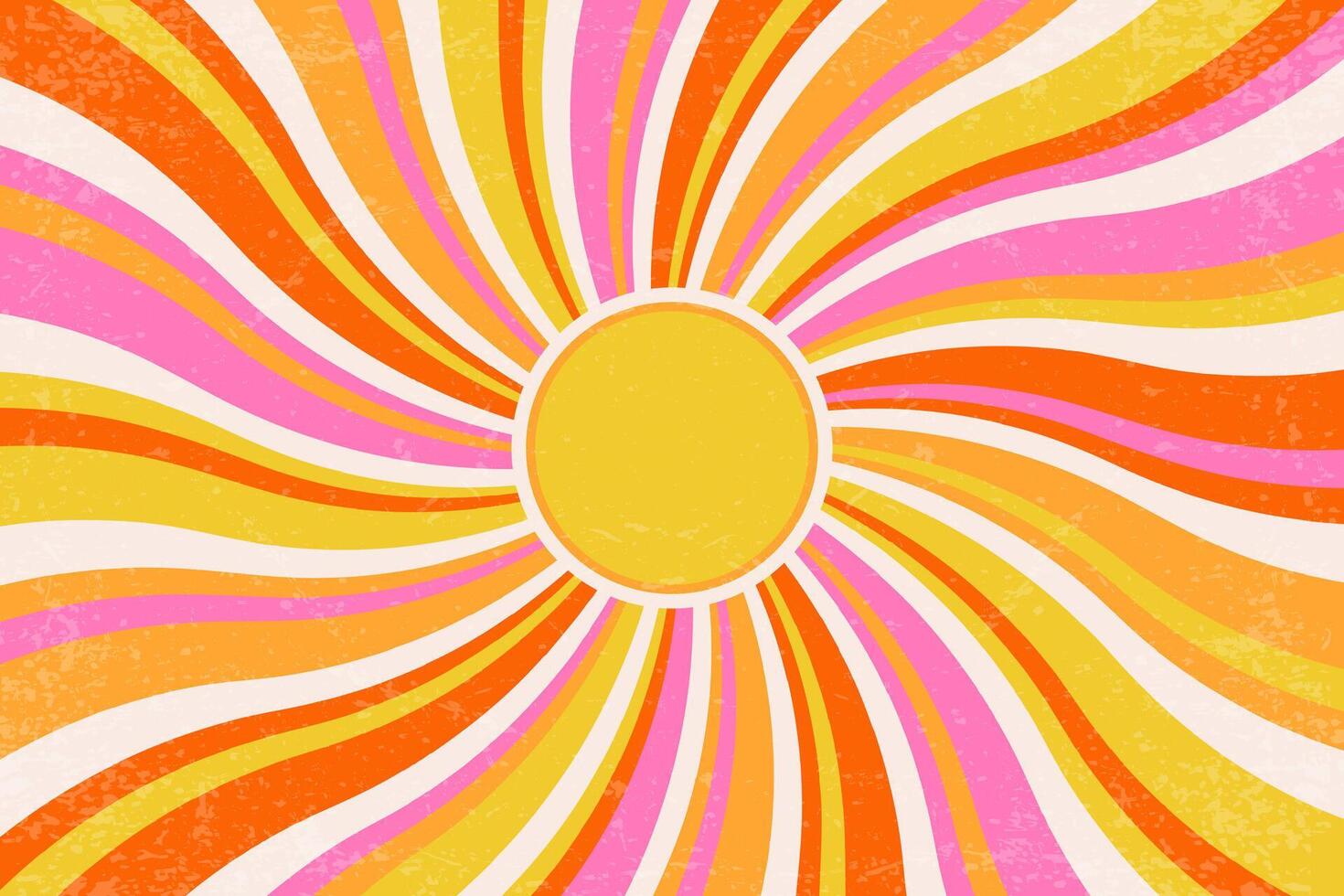 Sun burst retro background with spiral rays. Groovy summer carnival poster with wavy orange stripes. Psychedelic vintage grunge illustration. 70s design vector