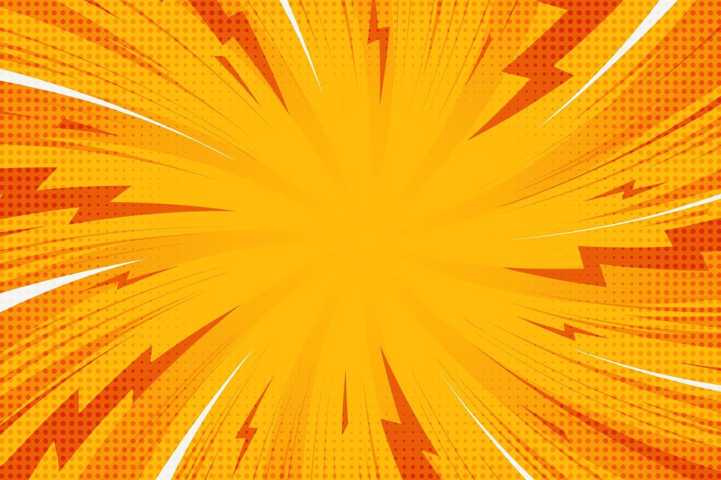 Comic book background with frame of swirl lightnings. Pop art cartoon radial rays. Abstract explosion effect backdrop with halftone manga graphic. Sunburst color wallpaper. vector