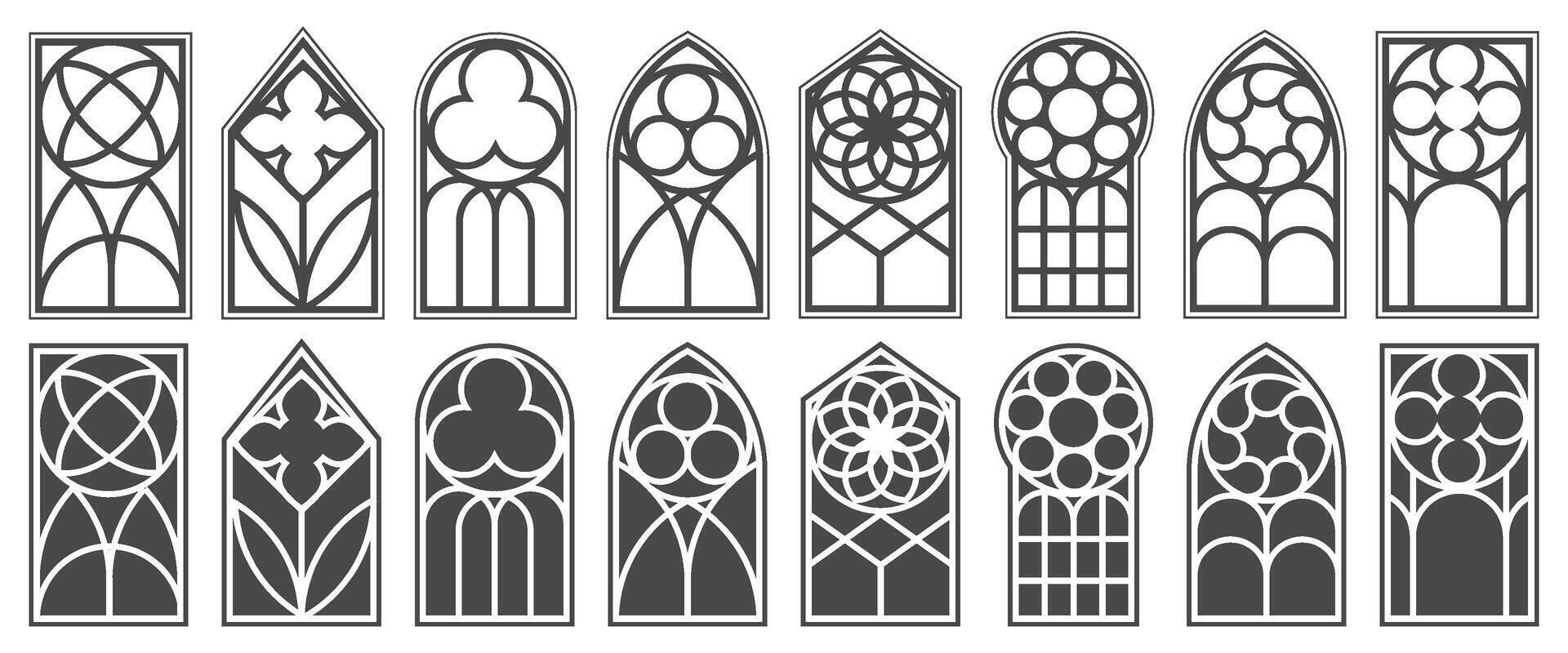 Church gothic window frames. Stained glass cathedral arches with vintage pattern. Medieval castle frames. Catholic frames design on white background. Renaissance outline black decorations. vector