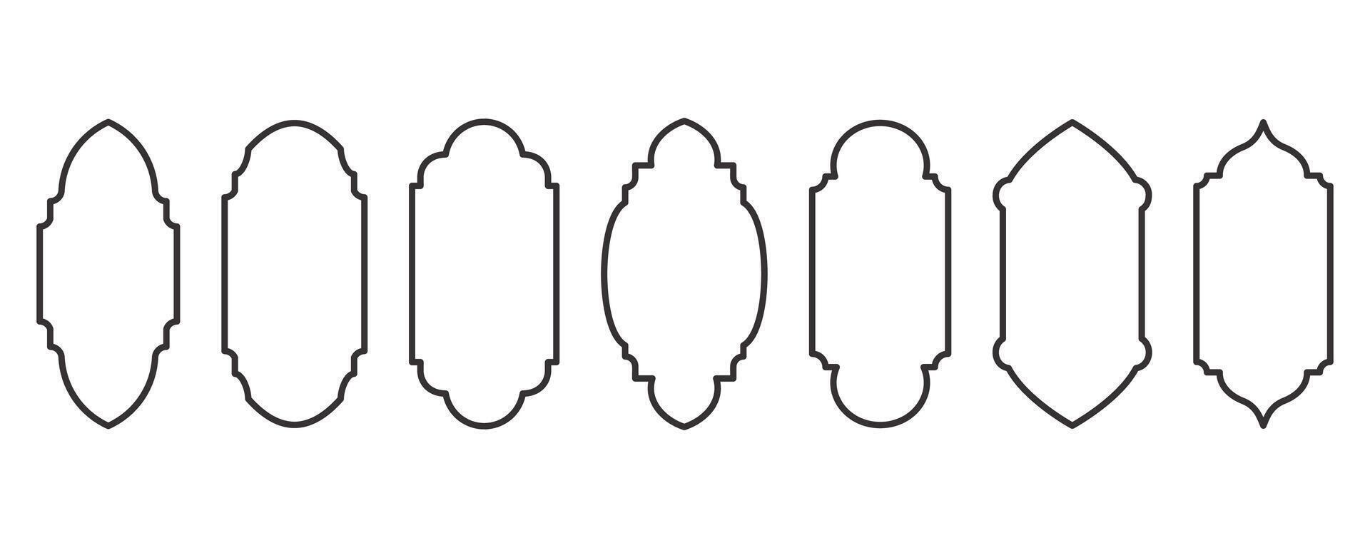 Ramadan frame shapes. Window Arabic arc outline elements. Door design with Turkish ornament. Muslim oriental sticker template. Traditional decorations set for banner and badge. vector