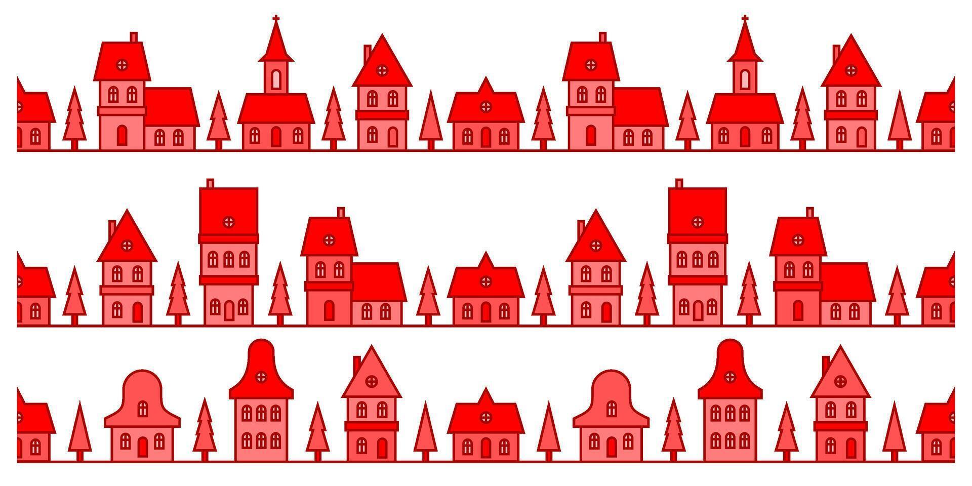 Christmas winter houses. Silhouette of neighborhood. Seamless border with skyline of cute buildings church and fur trees on white background. Horizontal panorama with row of cozy homes. vector