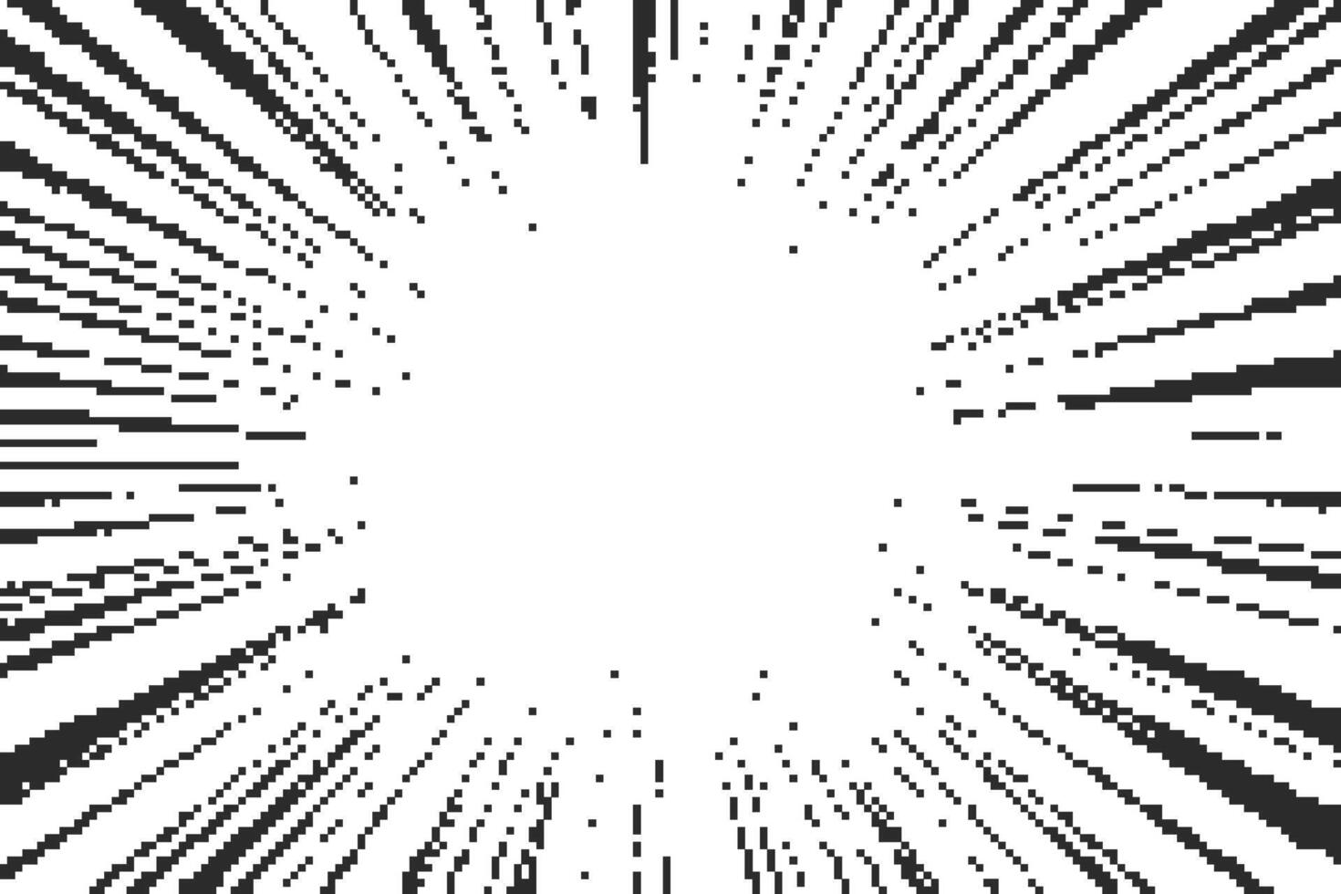 Comic background with pixel pattern. Speed lines explosion and burst with abstract digital bitmap texture. Radial sun rays on white backdrop. vector