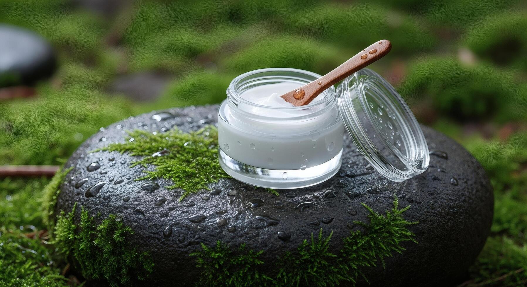 A jar of natural skin care cream on a mossy rock photo