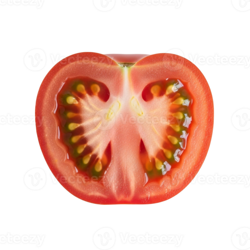 Sliced tomato showing interior seed patterns and vibrant red texture png