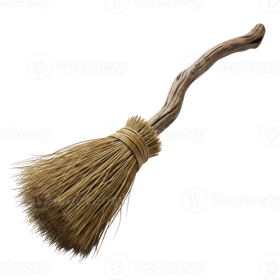 Rustic handmade broom with wooden handle and natural straw bristles png