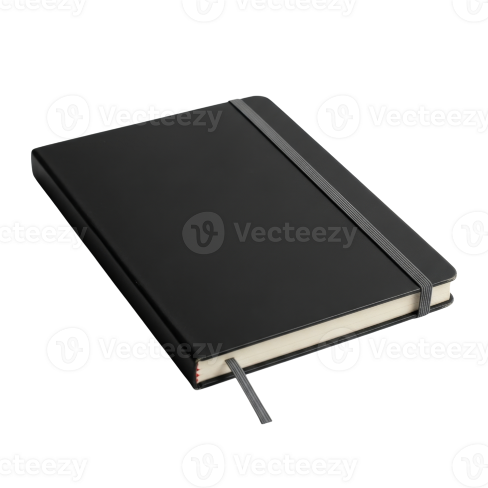 Sleek black hardcover notebook with elastic band and ribbon bookmark png
