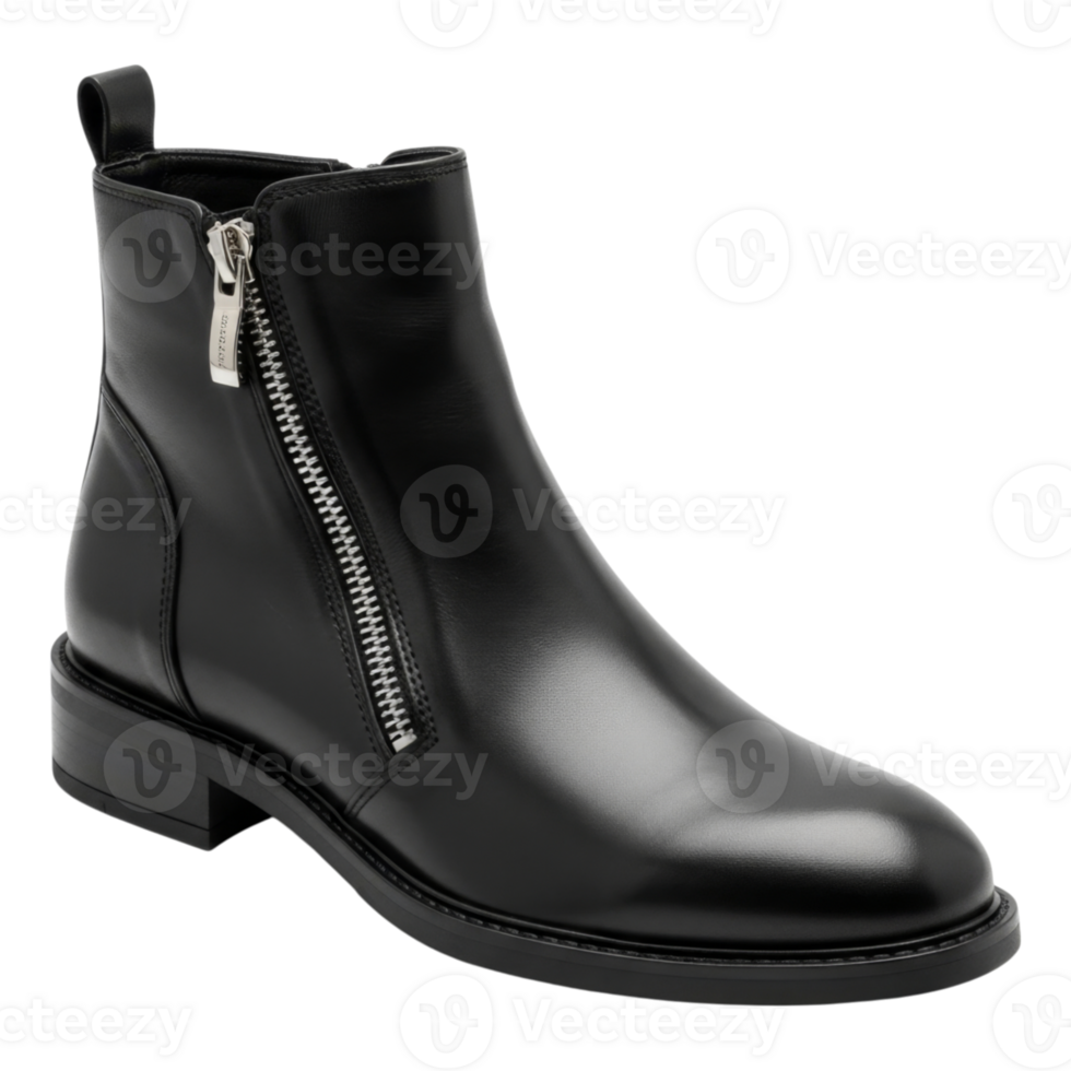 Stylish black leather ankle boot with side zipper and chunky heel design png
