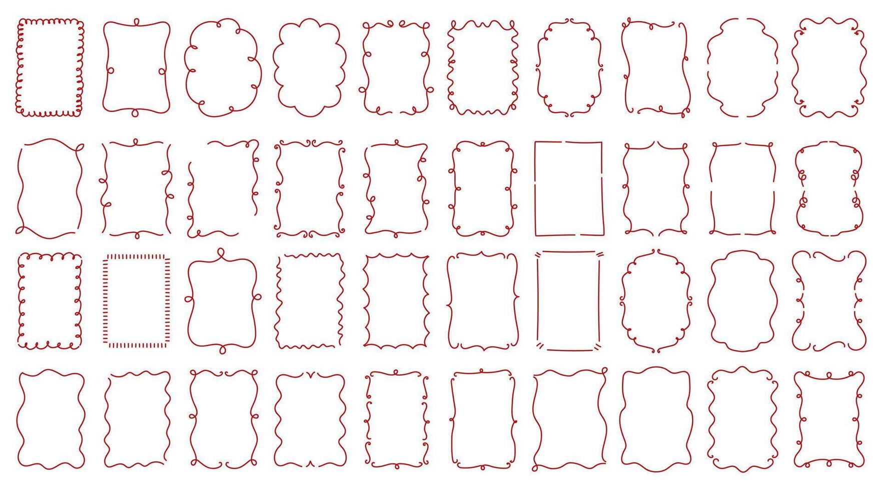 Set of elegant hand-drawn decorative frames with a delicate red outline. Frame features a unique wavy, curly, or looped border and different shapes. Design perfect for invitations, greeting card, menu vector