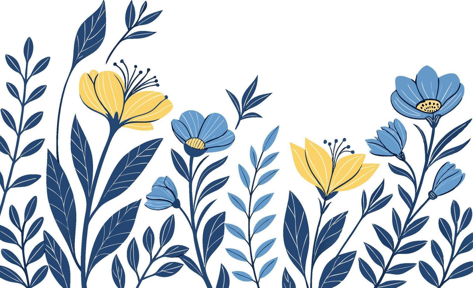 Floral Design with Blue and Yellow Blooms, Navy Leaves on Transparent Background vector