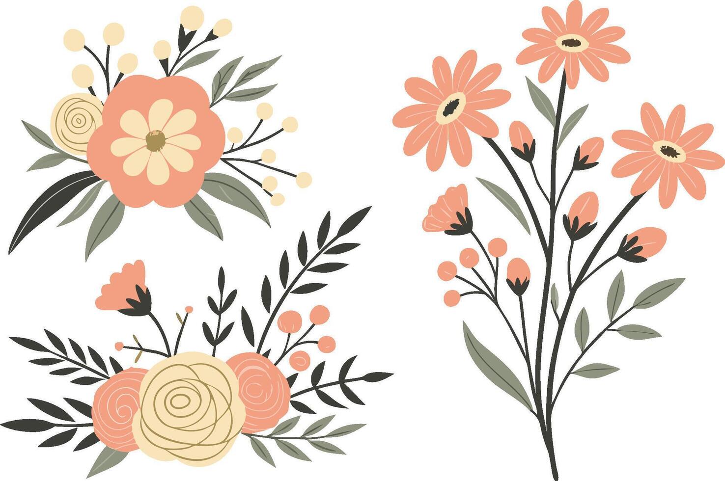 Floral bouquets with pink flowers and green leaves on a transparent background vector