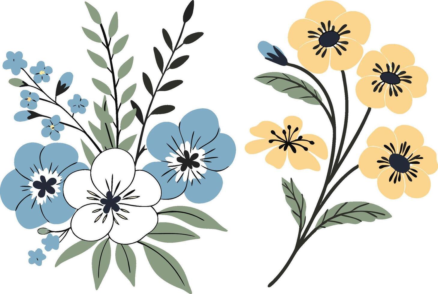 Floral Set Isolated on White Blue and Yellow Flowers with Leaves Design vector