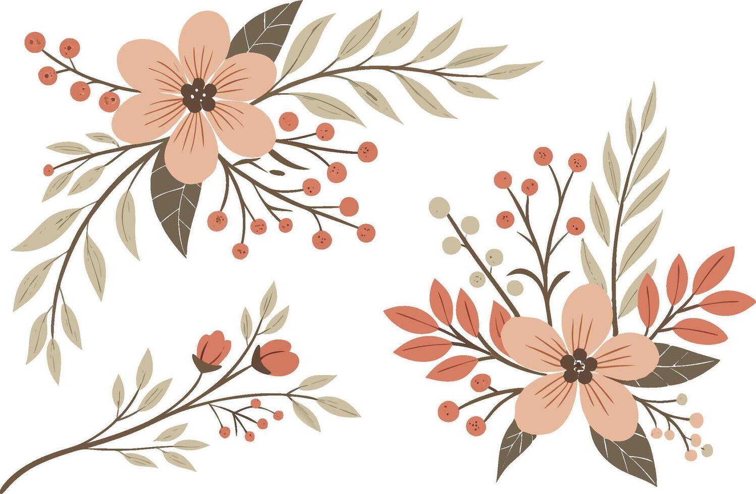 Floral with Peach Flowers, Brown Leaves, and Red Berries on White vector