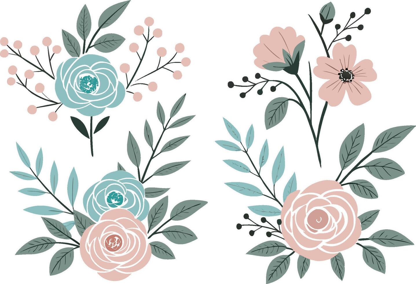 Two Floral Arrangements with Roses, Leaves, and Berries on a White Background vector