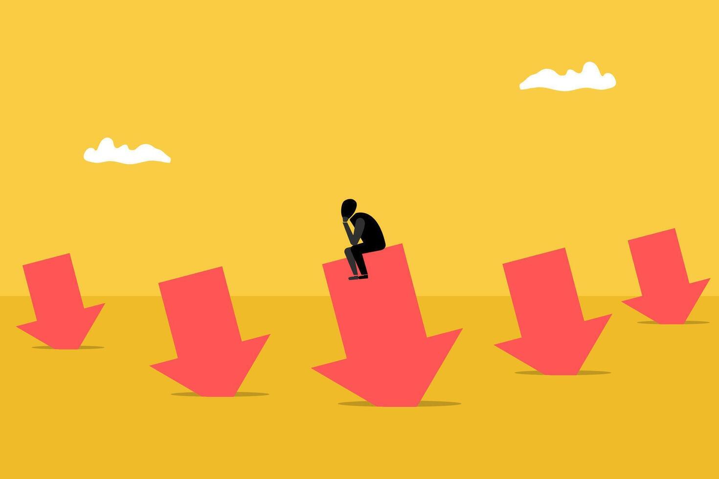 Business and financial crisis concept with businessman sitting on arrow falling down. Symbol of market crash, recession, risk, bankruptcy and loss. Eps10 illustration vector