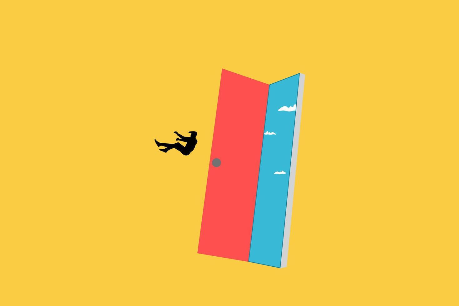 Business and financial crisis concept with businessman falling down into door. Symbol of market crash, recession, risk, bankruptcy and loss. Eps10 illustration vector