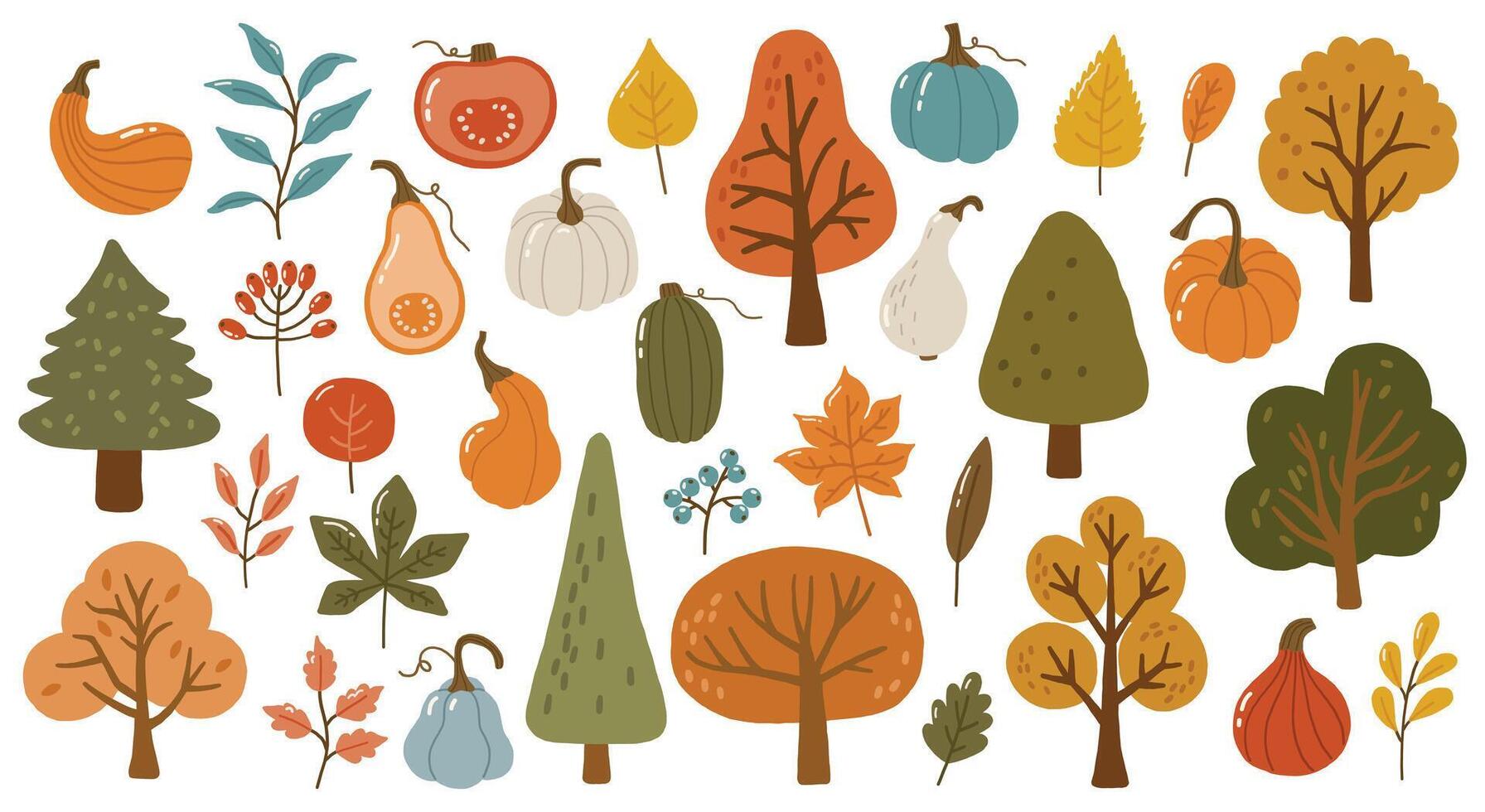 Illustrations of autumn trees and pumpkins vector