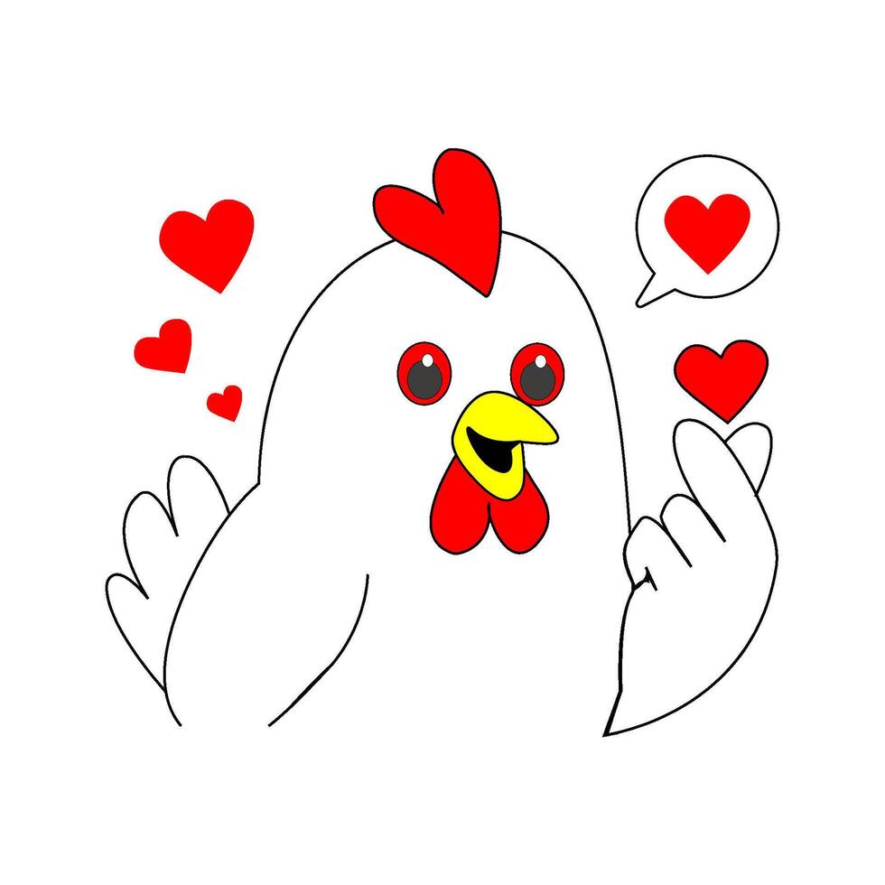 Image of a chicken on a white background boy. Children's drawing for product cover or packaging. Chicken meat, shows heart on fingers. Rooster depicting love vector