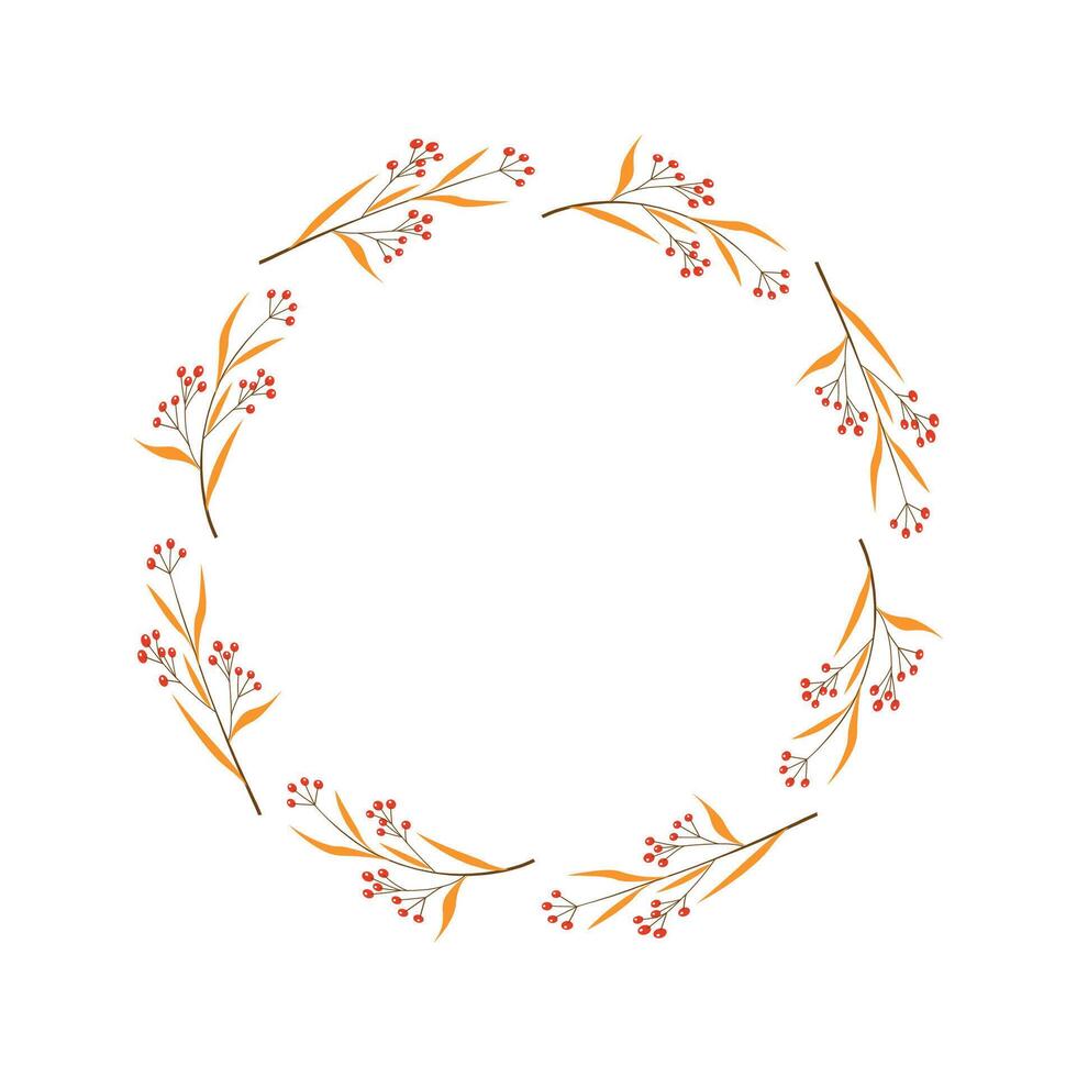 Autumn Wreath with Red Berries and Orange Leaves Hand Drawn Botanical Frame vector