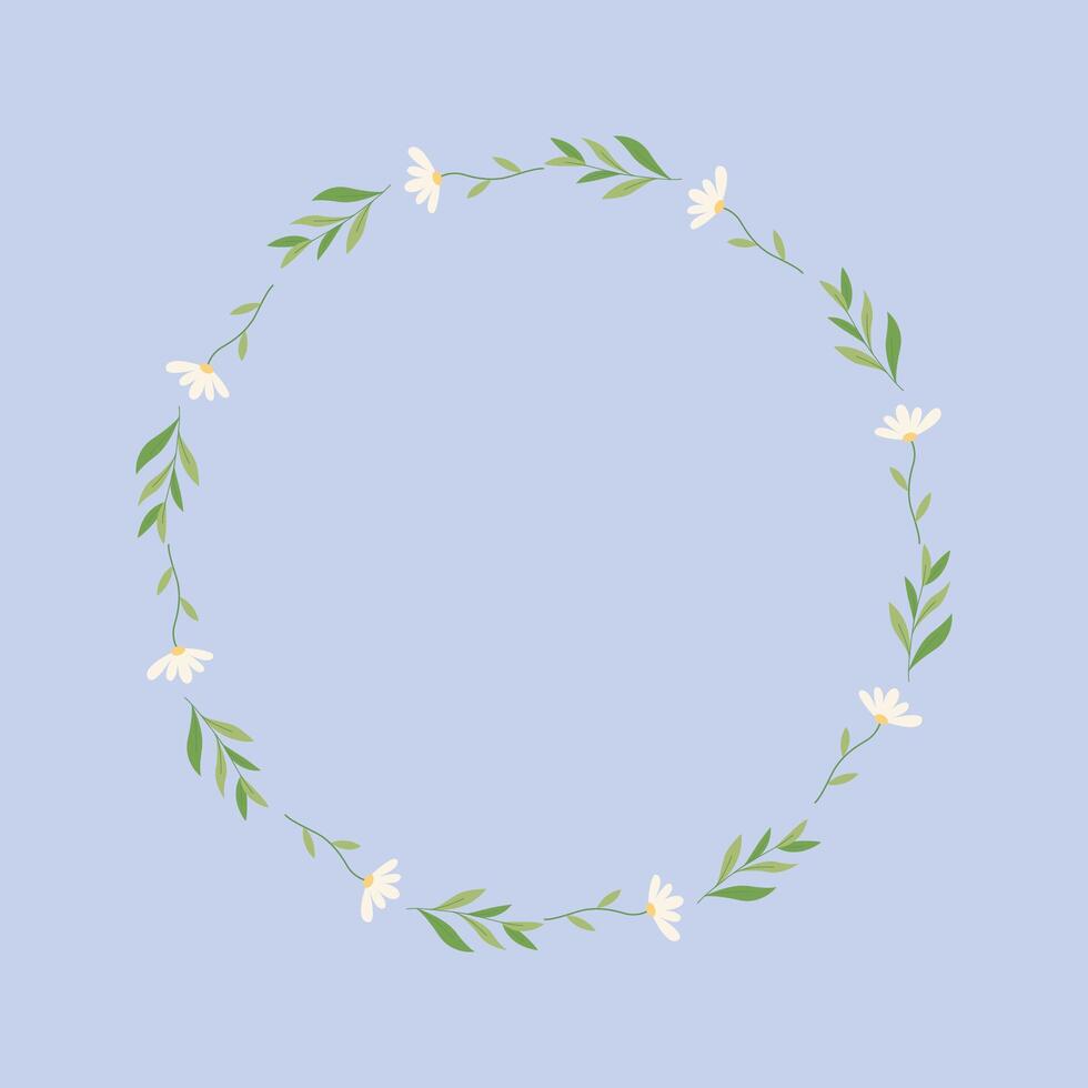 Floral Wreath with White Daisies and Green Leaves Hand Drawn Botanical Circle Frame vector