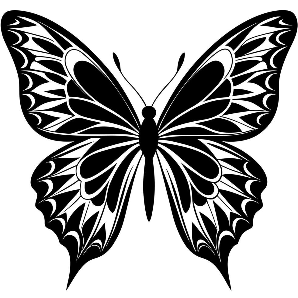 Black and white butterfly tattoo design with floral elements and natural patterns vector