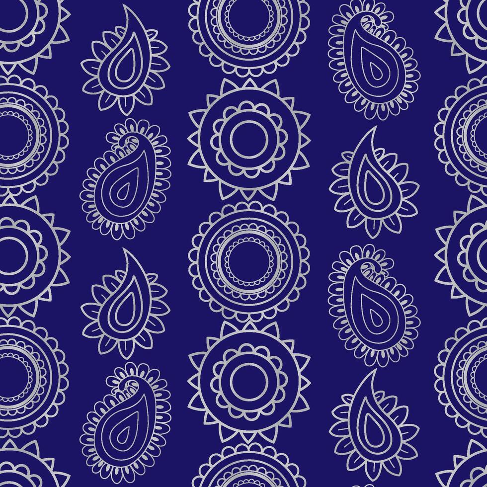 indian seamless pattern with silver mandala circles and paisley motifs on a dark blue background for luxury festive designs and textiles vector