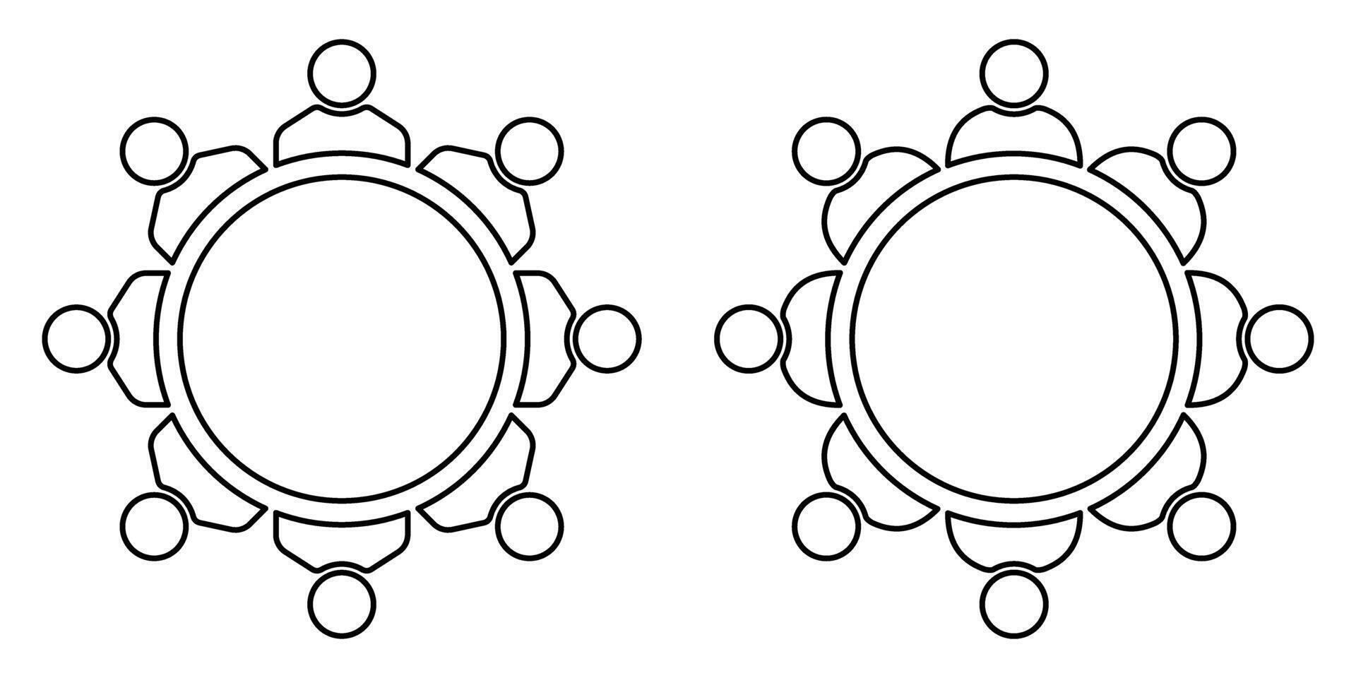 Outline icon of round table meeting. Editable stroke. Group discussion symbol with people sitting at circular conference desk. For business, team planning, collaboration, communication design. vector
