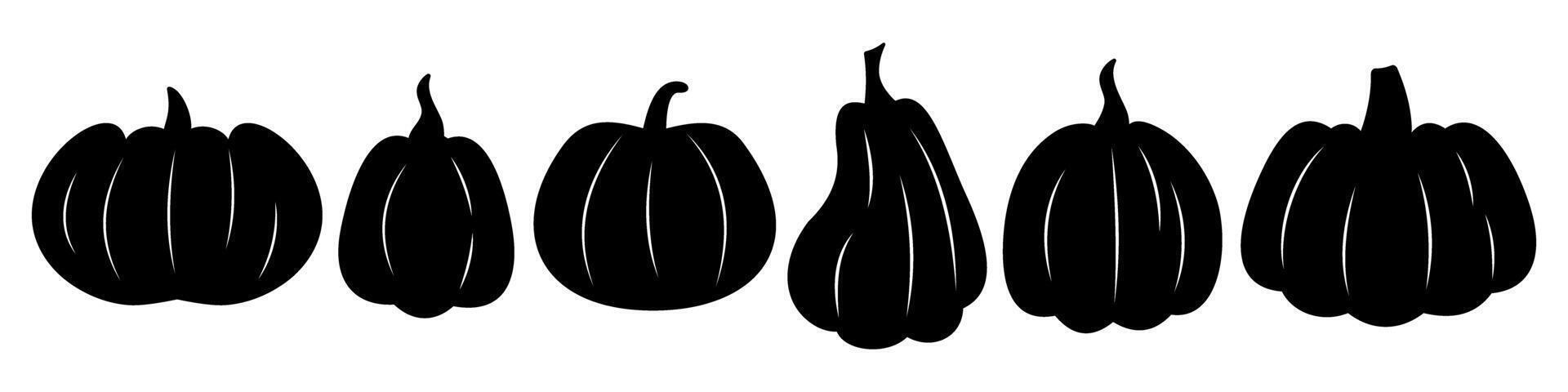 Silhouette Set of Pumpkins and Gourds. Black Halloween and Autumn Harvest Decorative Elements. Isolated Icons of Various Pumpkin Shapes for Seasonal Designs and Holiday Projects vector