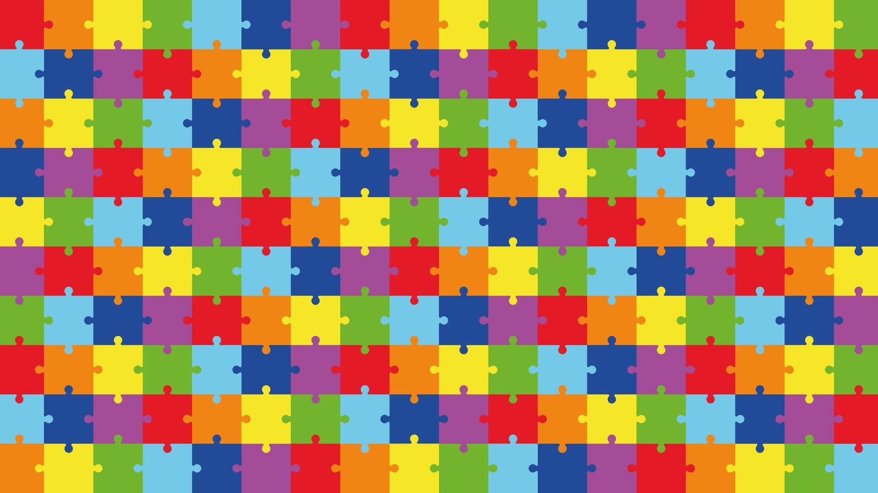 Colorful Puzzle Pattern Background. Bright Jigsaw Tiles in Rainbow Colors. Education, Autism Awareness, Kids Logic Game, Preschool Play, Matching Activity, Puzzle Template for Design. vector
