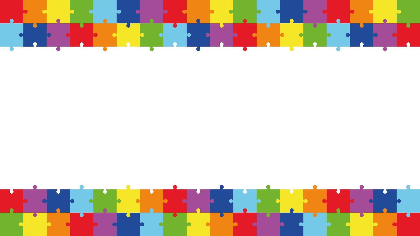 Colorful Puzzle Frame Background for Text or Design. Autism Awareness Border with Jigsaw Pattern. Bright Rectangle Banner Template for School, Kids Events, or Educational Projects. vector