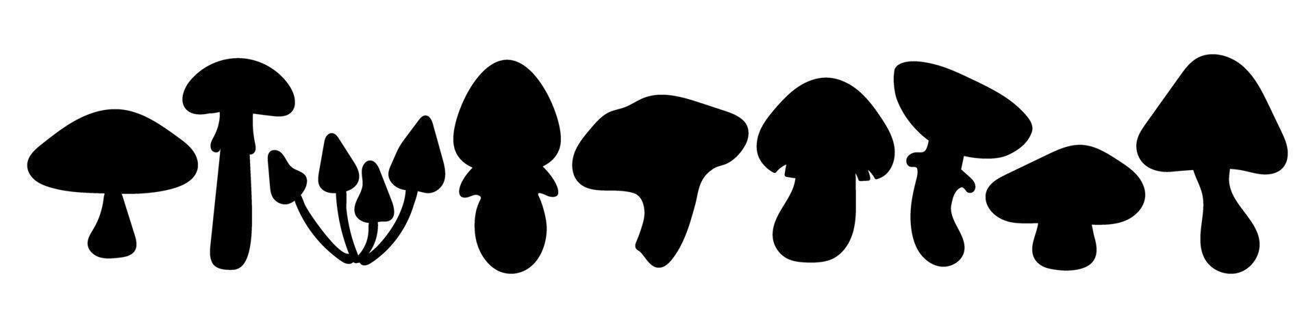 Mushroom silhouettes collection. Black fungus icons set isolated. Wild forest mushrooms, food, nature elements, editable for autumn, botanical or organic design. vector