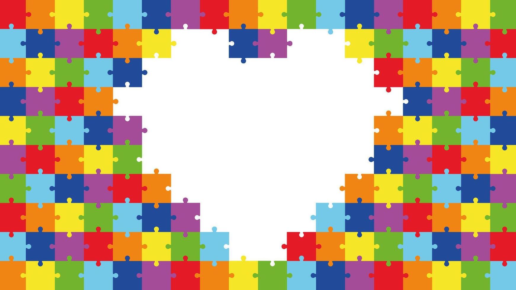 Colorful Puzzle Heart Frame. Jigsaw Pieces Border with Empty Center. Rainbow Autism Awareness Design, Children Logic Game Concept, Creative Background for School, Love, Education or Poster. vector