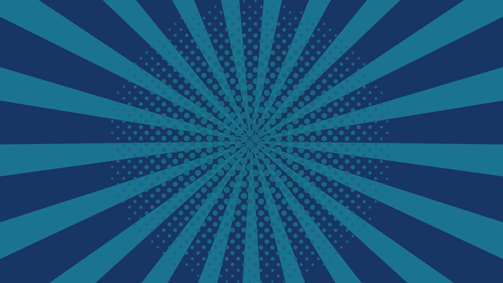 Blue Halftone Sunburst Background. Retro Comic Style Pop Art Rays Pattern. Vintage Radial Stripes Abstract Texture for Poster, Banner, Cover, Pop Culture or Dynamic Graphic Design vector