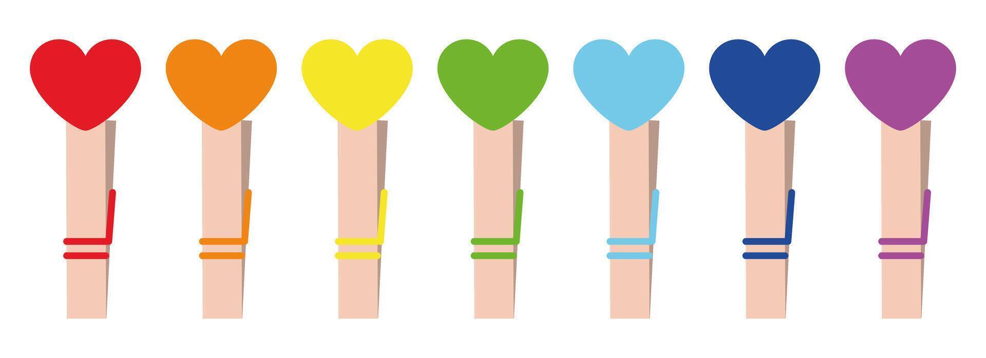 Rainbow Heart Clothespins Set. Colorful Wooden Pegs with Love Symbols in Colors Isolated for Valentine's Day, DIY Crafts, Decor, and Creative Design Projects vector