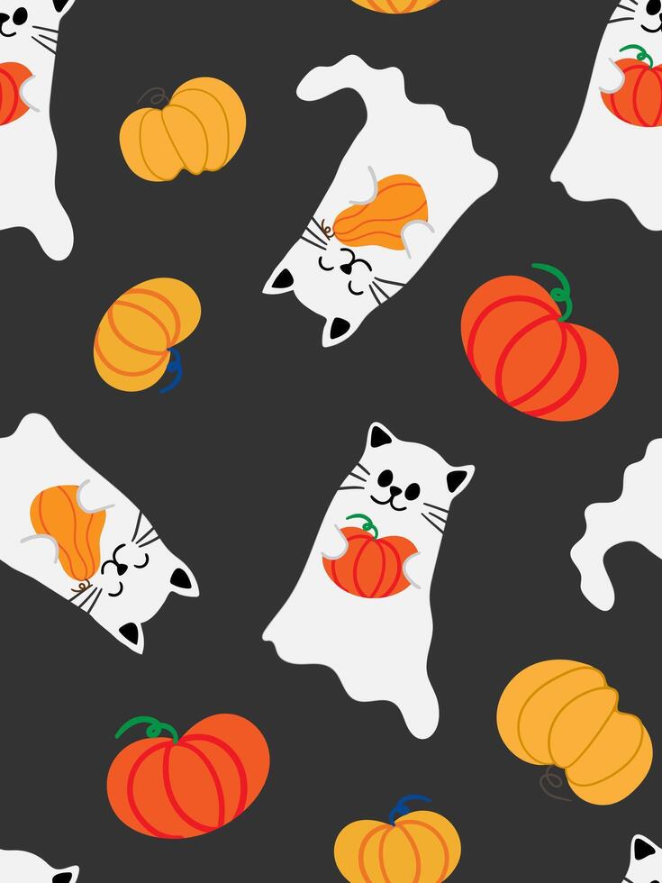 Halloween cute children's seamless pattern with ghost cats holding pumpkins on dark gray background for fall holiday decor poster web design vector