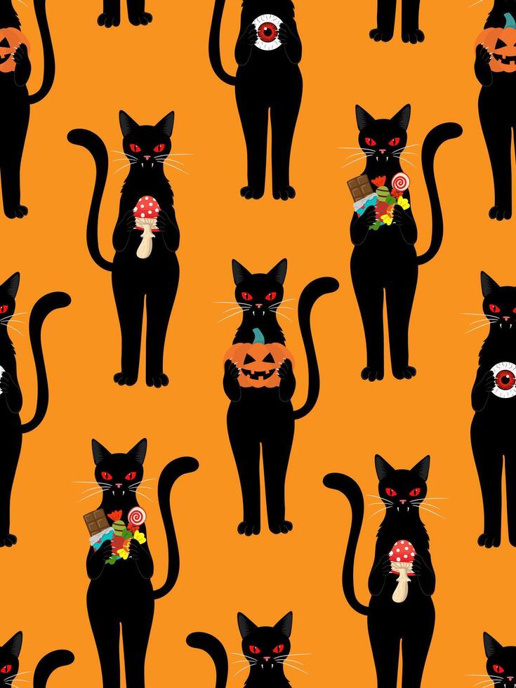 halloween vampire black cat seamless pattern with candy, pumpkin, mushroom and eyeball on orange background spooky cute cartoon poster design fabric paper vector