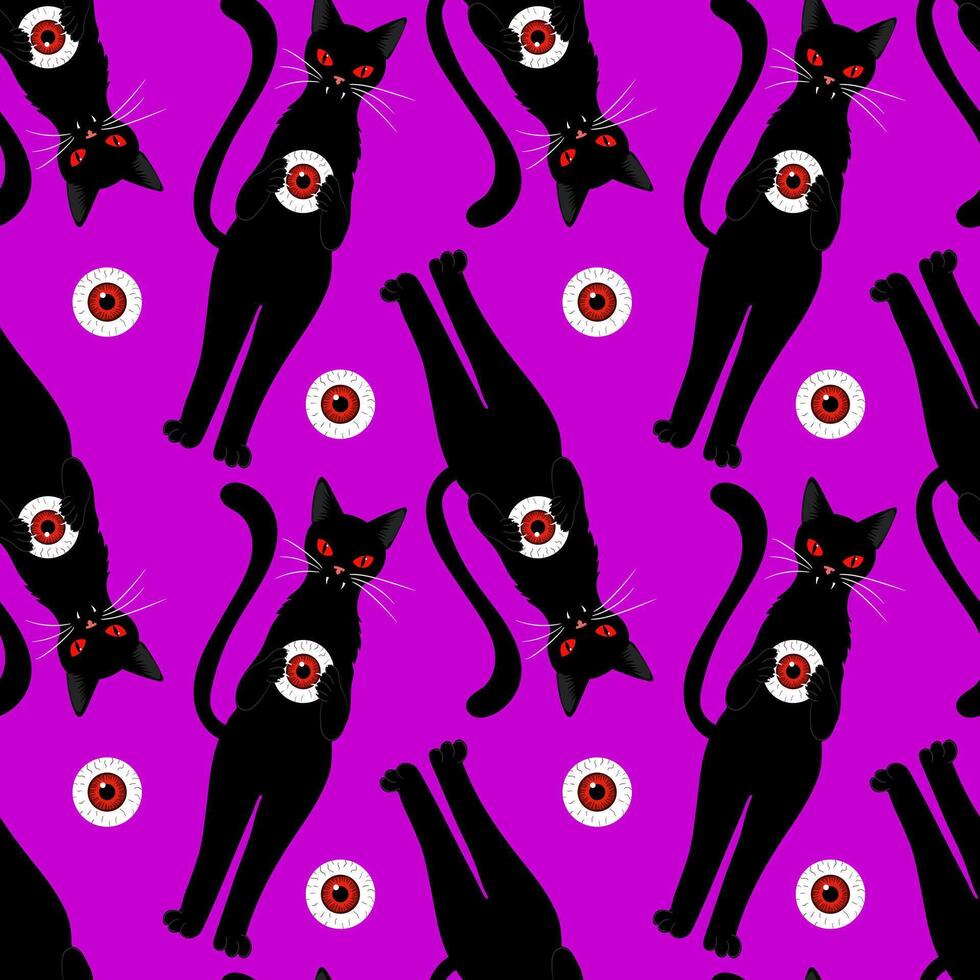 halloween seamless pattern with black cats red eyes and eyeballs on a vibrant purple background spooky and fun holiday design vector